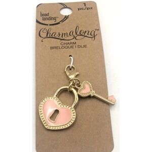BEAD LANDING Charmalong Heart Lock Key Gold Tone Enamel Charm Pendant NEW